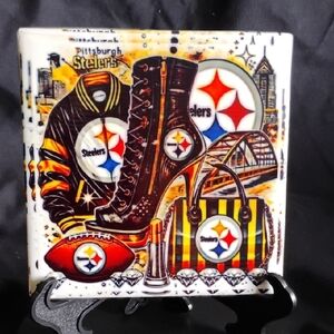 Hand Crafted Ceramic Art Tile with Black, Gold, and White Accents